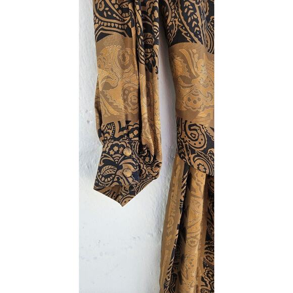 Vintage Francesca of Damon Dress Womens Size 14 Silk Gold Black Pleated Tie 80s - Picture 5 of 11